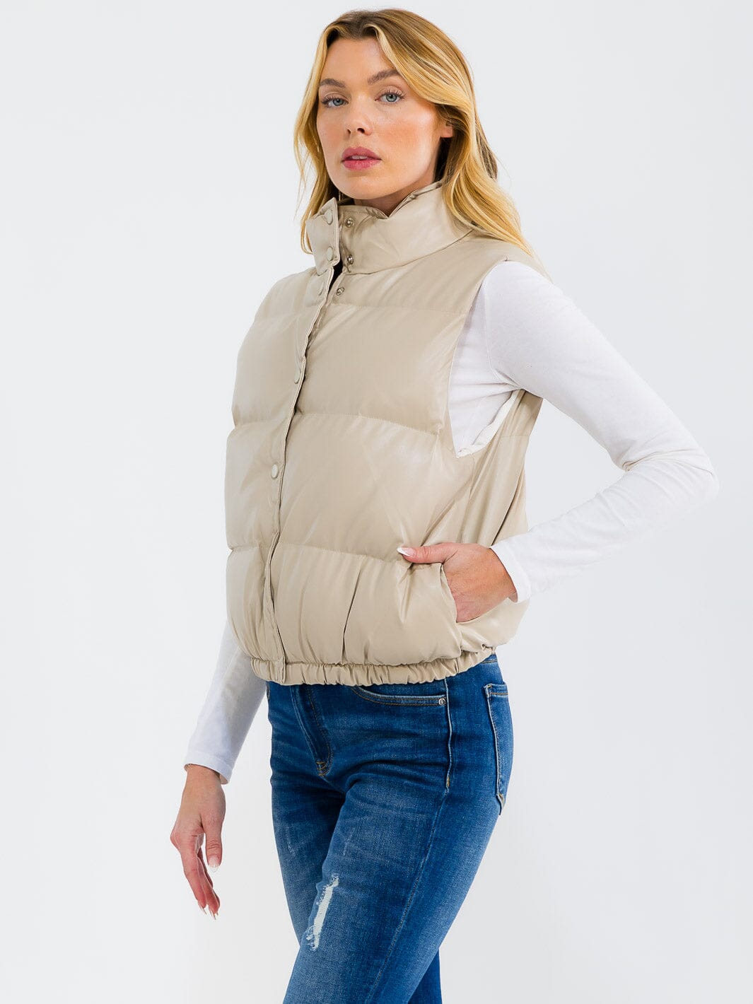 WOMEN'S SLEEVELESS BUTTON UP FRONT POCKETS PU PLEATHER PUFFER VEST