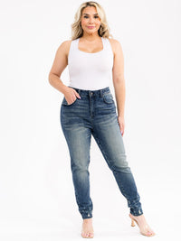 PLUS SIZE BUTTON CLOSURE POCKETS WASHED DENIM SKINNY DISTRESS STRETCH PANTS