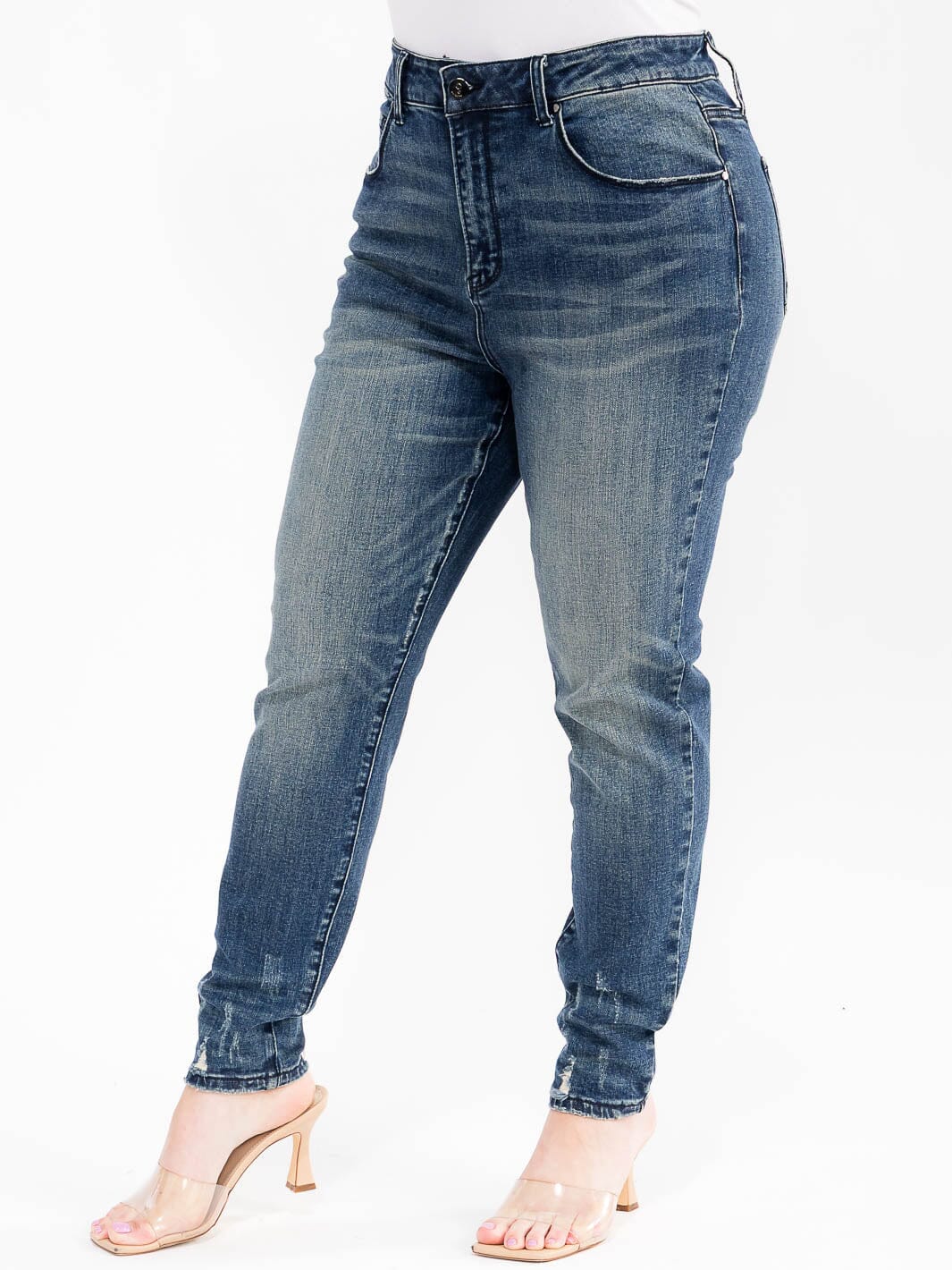 PLUS SIZE BUTTON CLOSURE POCKETS WASHED DENIM SKINNY DISTRESS STRETCH PANTS