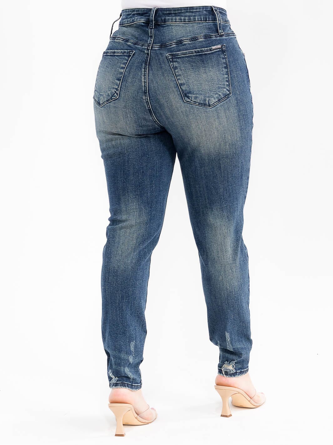 PLUS SIZE BUTTON CLOSURE POCKETS WASHED DENIM SKINNY DISTRESS STRETCH PANTS