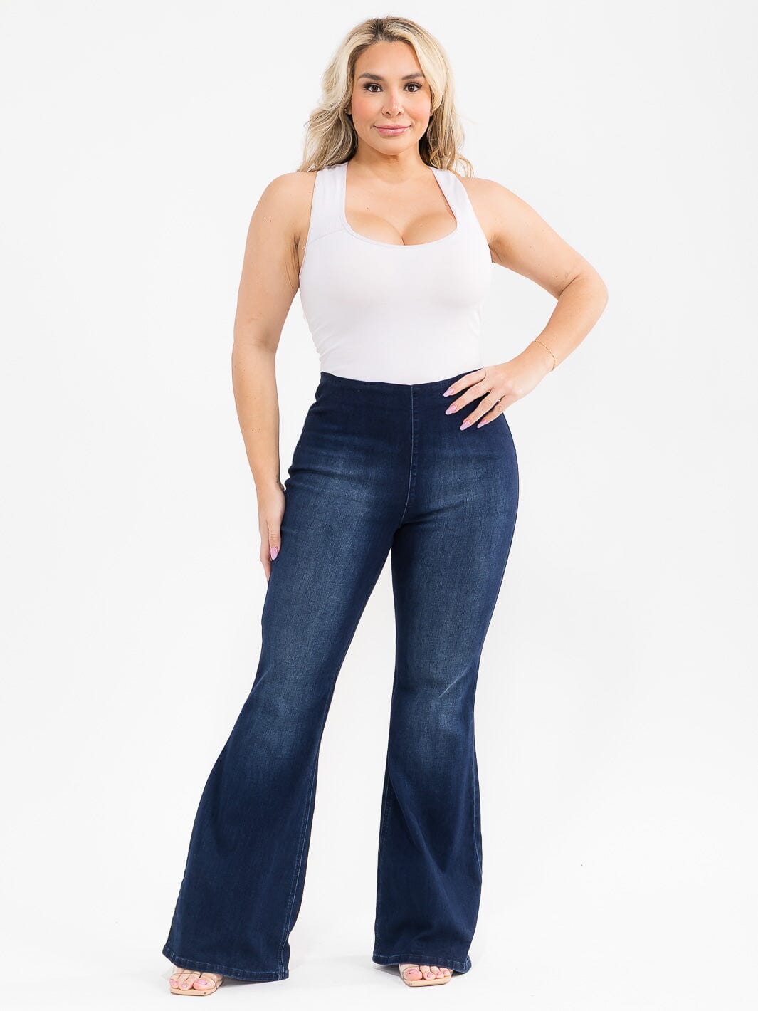 PLUS SIZE ELASTIC WAIST WASHED BELL LEGS DENIM STRETCH PANTS