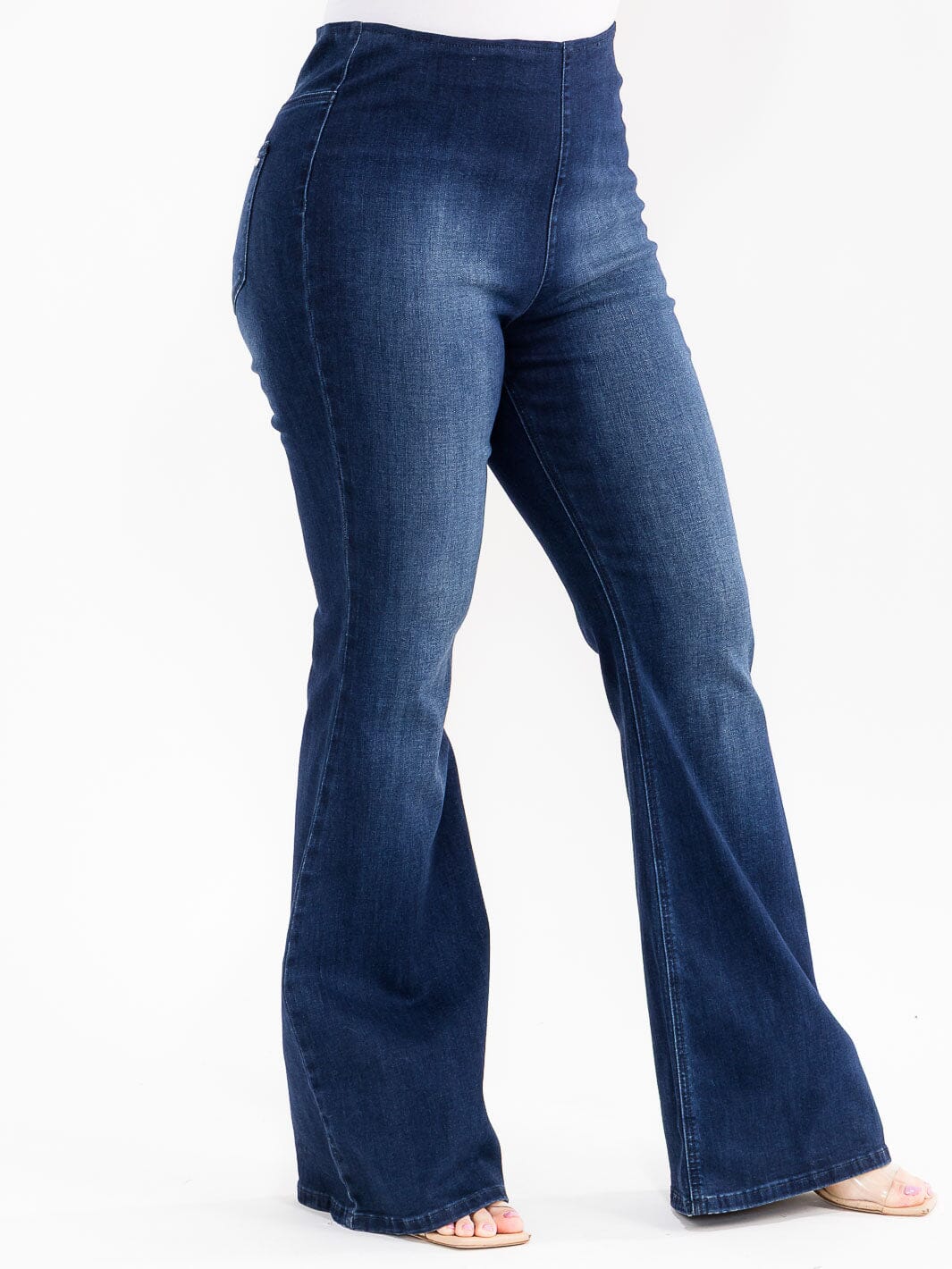 PLUS SIZE ELASTIC WAIST WASHED BELL LEGS DENIM STRETCH PANTS