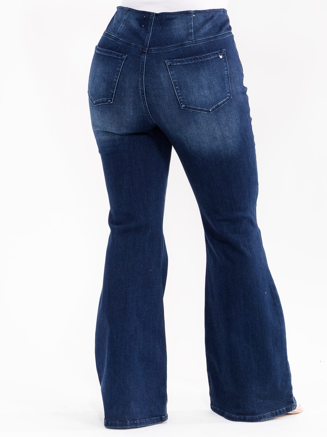 PLUS SIZE ELASTIC WAIST WASHED BELL LEGS DENIM STRETCH PANTS