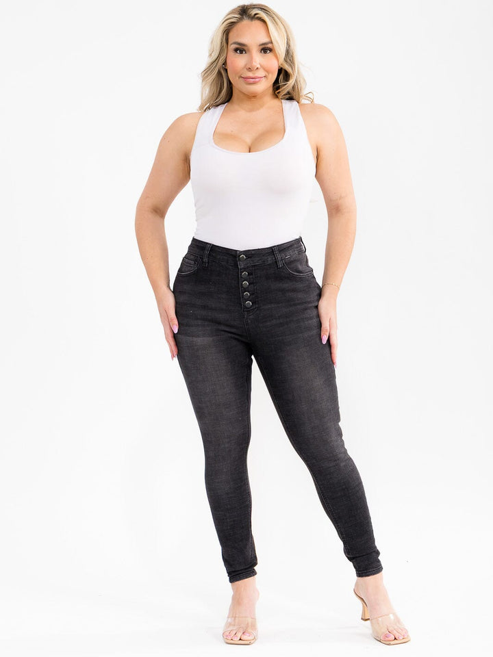 PLUS SIZE BUTTON CLOSURE POCKETS WASHED DENIM SKINNY STRETCH PANTS