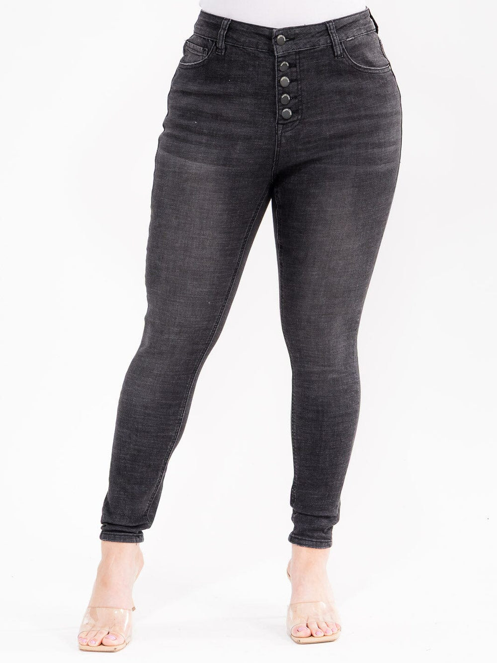 PLUS SIZE BUTTON CLOSURE POCKETS WASHED DENIM SKINNY STRETCH PANTS