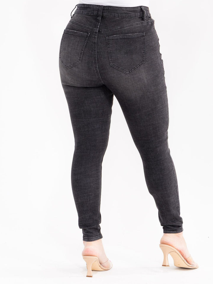 PLUS SIZE BUTTON CLOSURE POCKETS WASHED DENIM SKINNY STRETCH PANTS