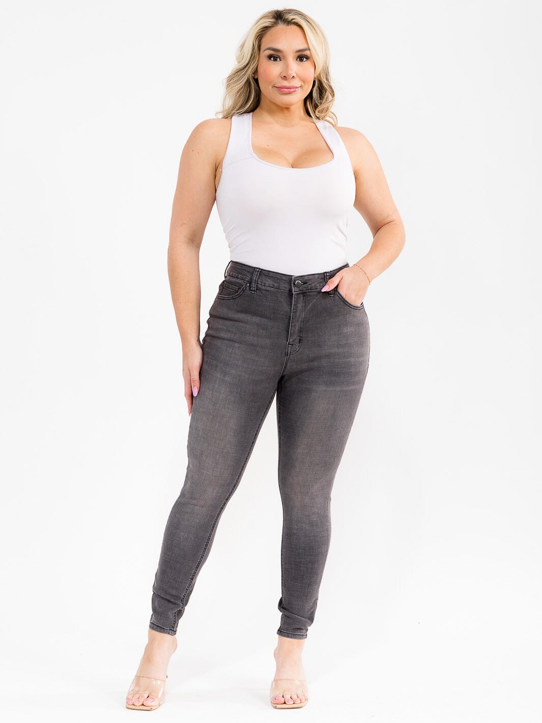 PLUS SIZE BUTTON CLOSURE POCKETS WASHED DENIM SKINNY STRETCH PANTS