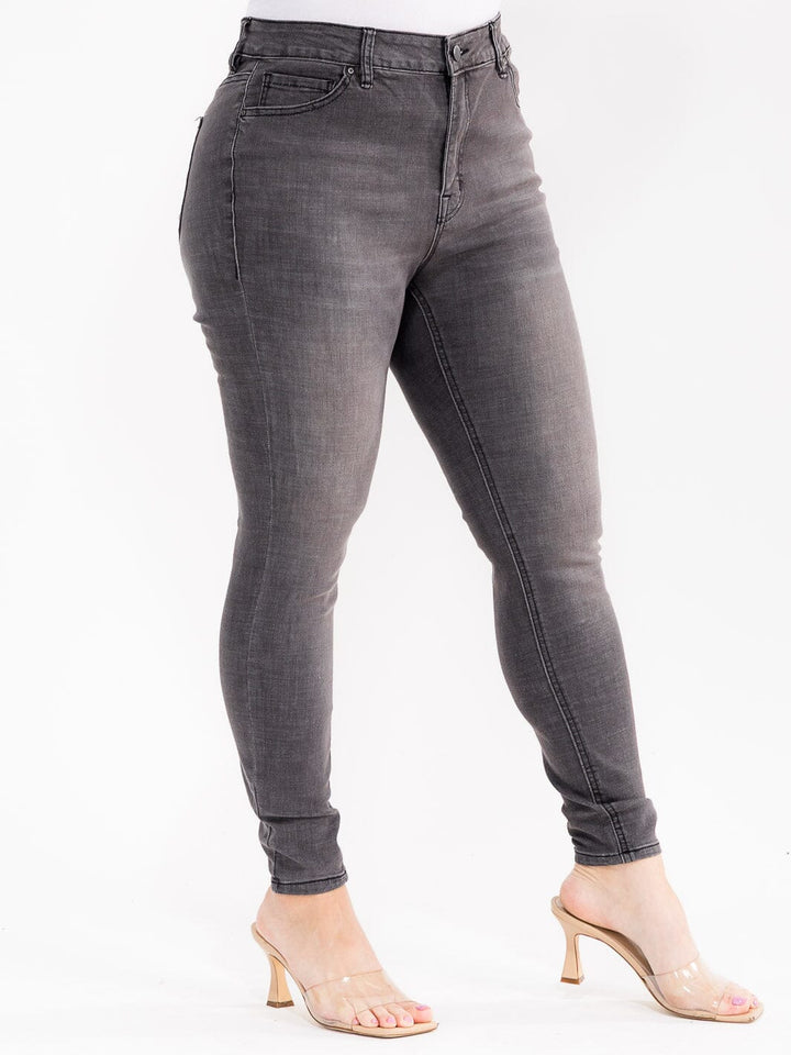 PLUS SIZE BUTTON CLOSURE POCKETS WASHED DENIM SKINNY STRETCH PANTS