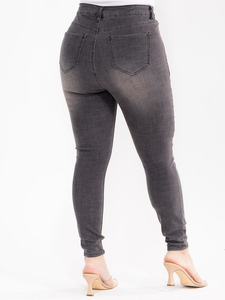 PLUS SIZE BUTTON CLOSURE POCKETS WASHED DENIM SKINNY STRETCH PANTS