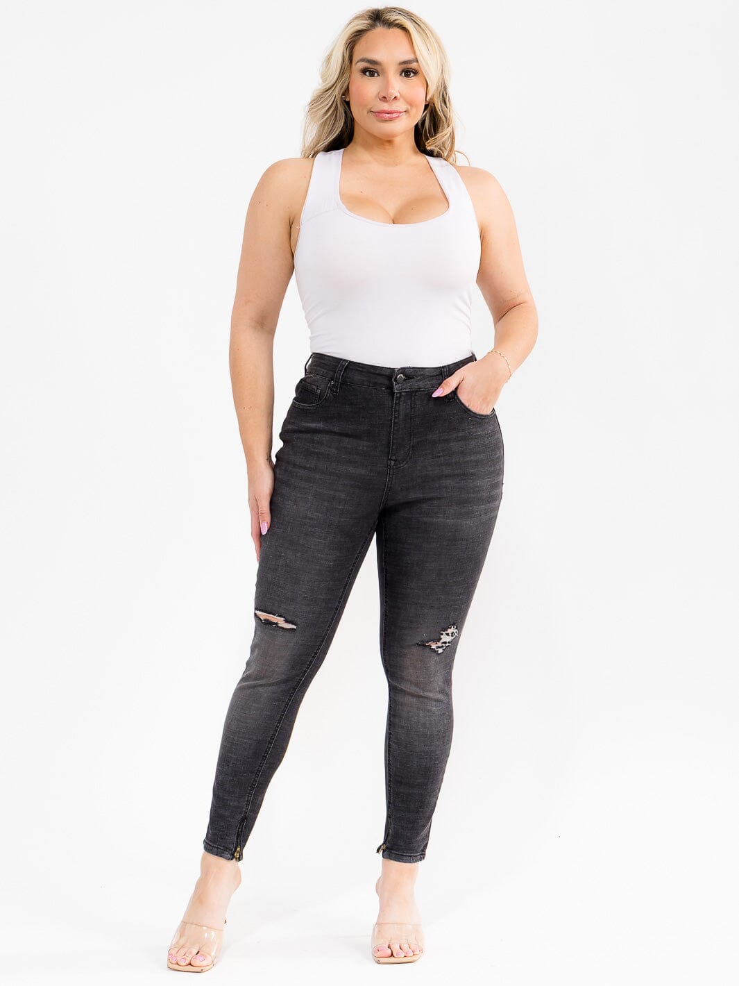 PLUS SIZE BUTTON CLOSURE POCKETS WASHED DISTRESS DENIM SKINNY STRETCH PANTS