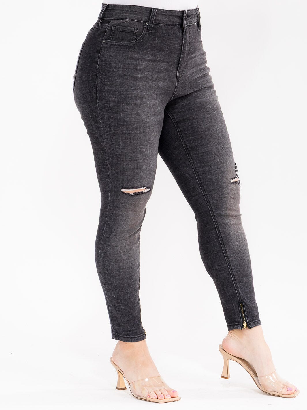 PLUS SIZE BUTTON CLOSURE POCKETS WASHED DISTRESS DENIM SKINNY STRETCH PANTS