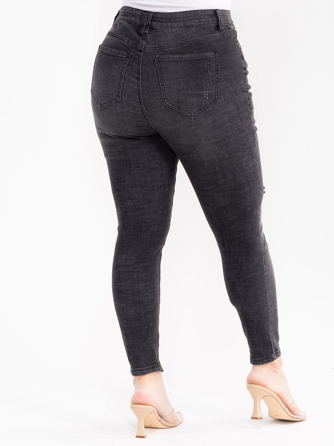 PLUS SIZE BUTTON CLOSURE POCKETS WASHED DISTRESS DENIM SKINNY STRETCH PANTS