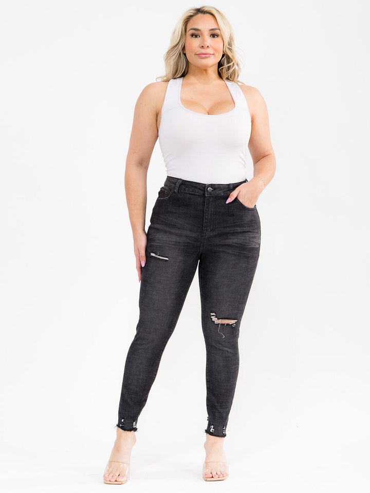 PLUS SIZE BUTTON CLOSURE POCKETS WASHED DISTRESS DENIM SKINNY STRETCH PANTS