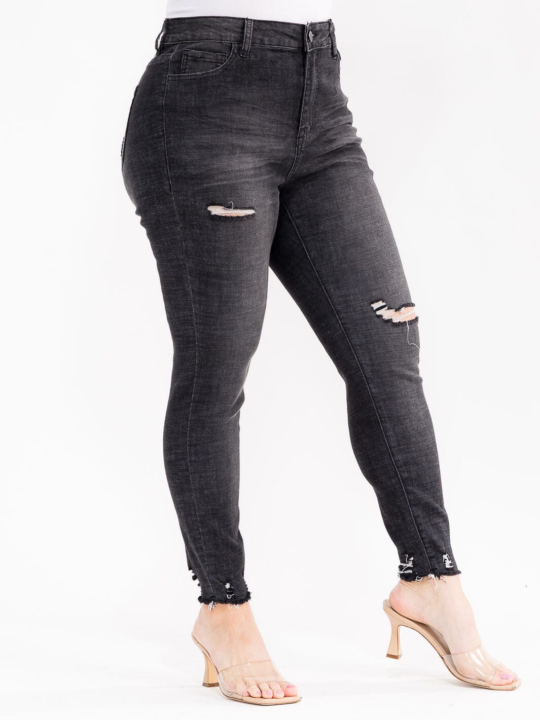 PLUS SIZE BUTTON CLOSURE POCKETS WASHED DISTRESS DENIM SKINNY STRETCH PANTS