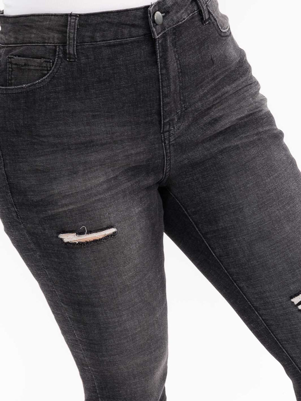 PLUS SIZE BUTTON CLOSURE POCKETS WASHED DISTRESS DENIM SKINNY STRETCH PANTS