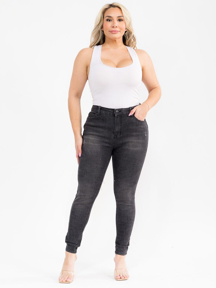 PLUS SIZE BUTTON CLOSURE POCKETS WASHED DENIM SKINNY STRETCH PANTS