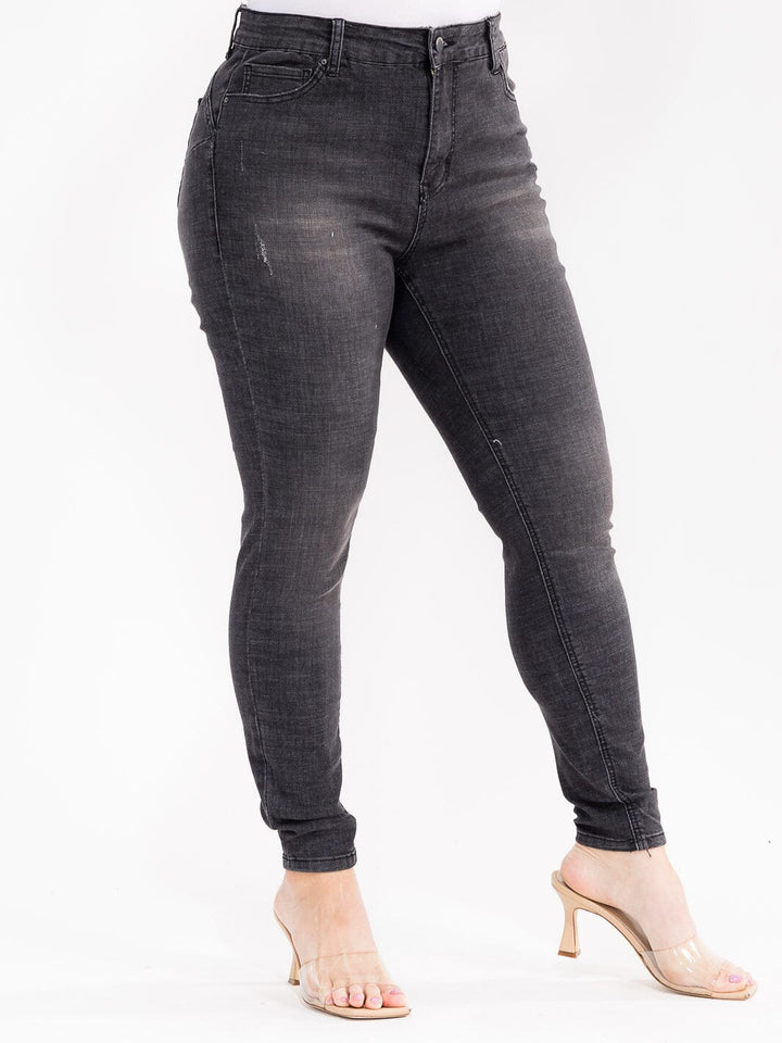 PLUS SIZE BUTTON CLOSURE POCKETS WASHED DENIM SKINNY STRETCH PANTS