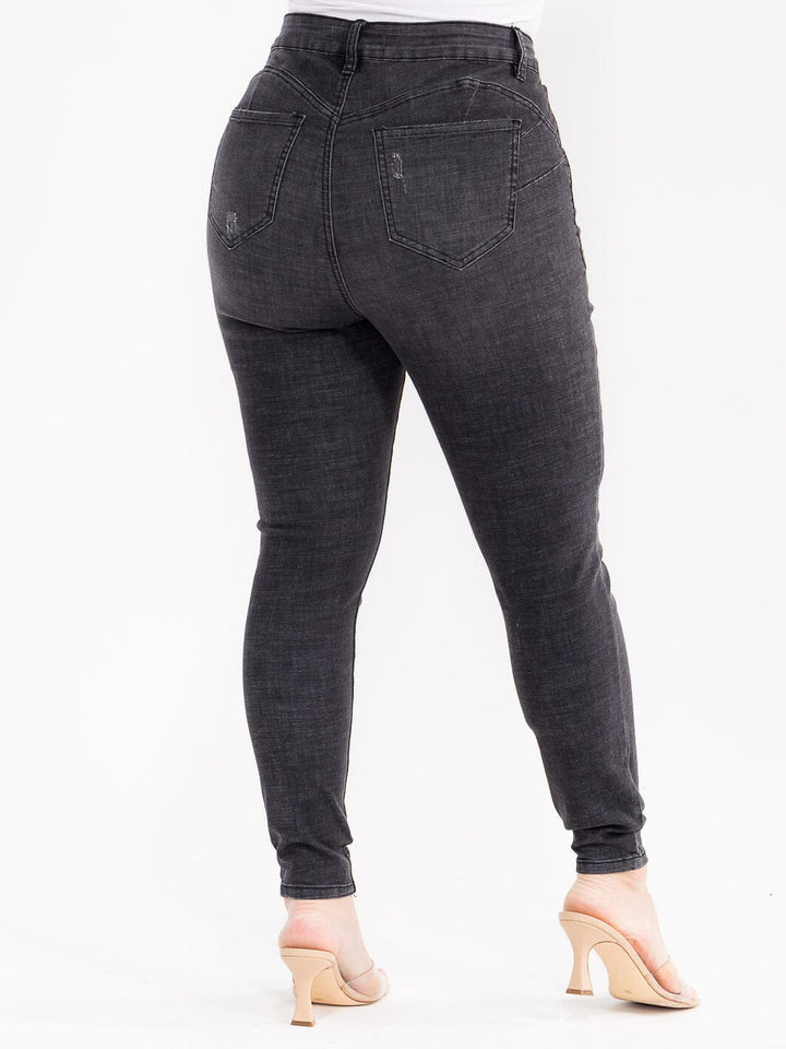 PLUS SIZE BUTTON CLOSURE POCKETS WASHED DENIM SKINNY STRETCH PANTS