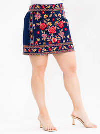 PLUS SIZE ELASTIC WAIST FLORAL EMBROIDERY DENIM MINI SKIRT