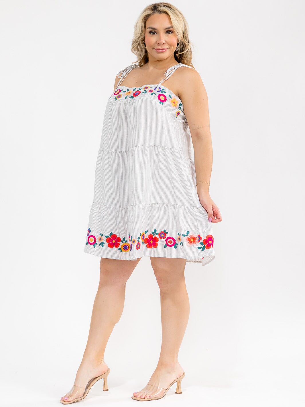PLUS SIZE SLEEVELESS STRIPES FLORAL EMBROIDERY MINI DRESS