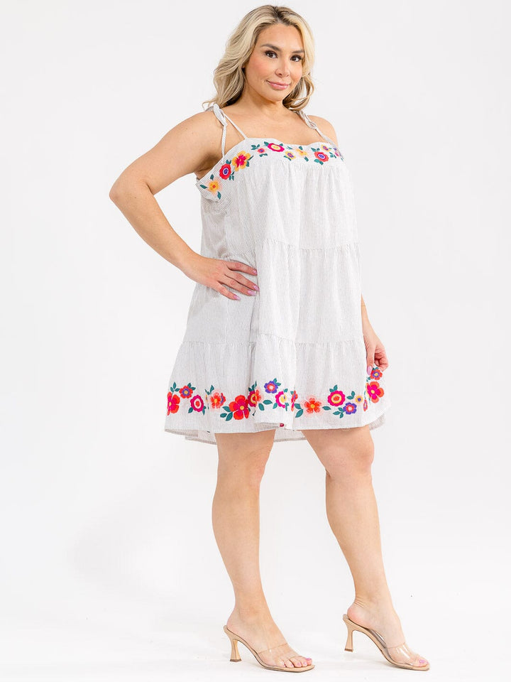 PLUS SIZE SLEEVELESS STRIPES FLORAL EMBROIDERY MINI DRESS