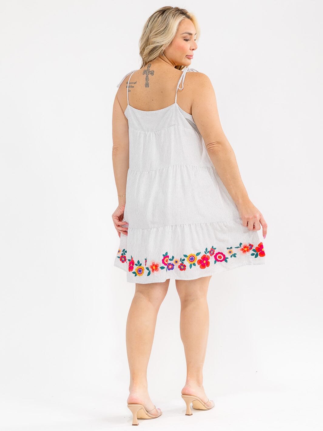 PLUS SIZE SLEEVELESS STRIPES FLORAL EMBROIDERY MINI DRESS