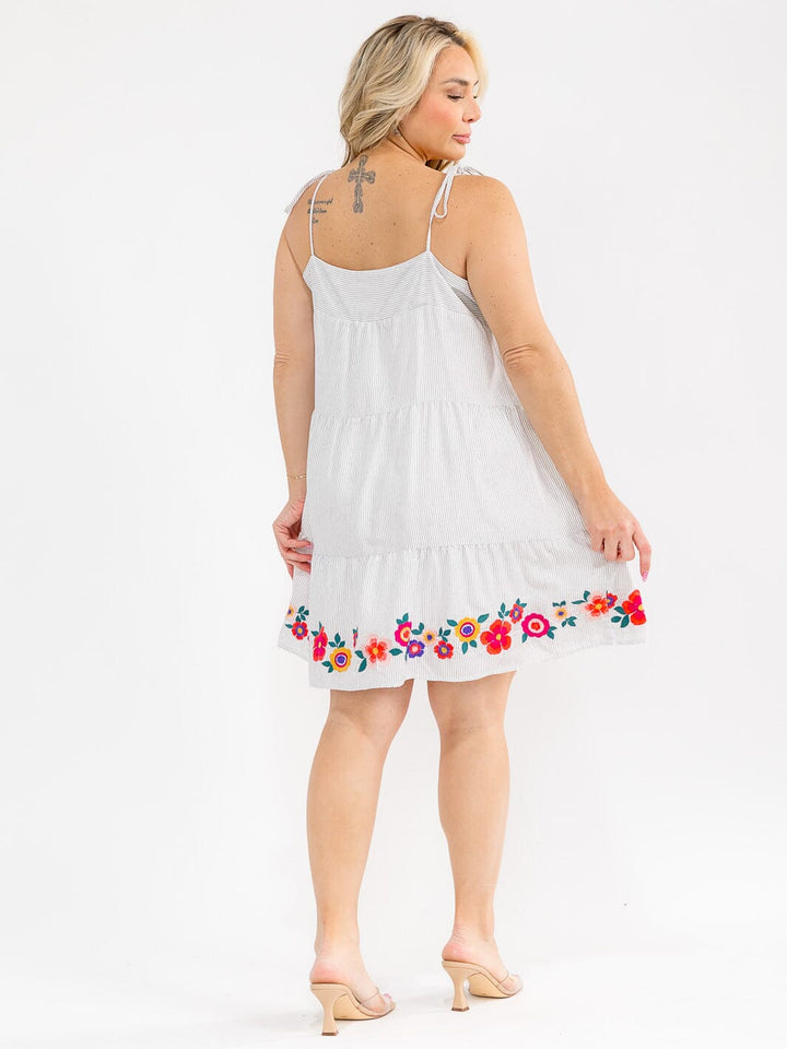 PLUS SIZE SLEEVELESS STRIPES FLORAL EMBROIDERY MINI DRESS