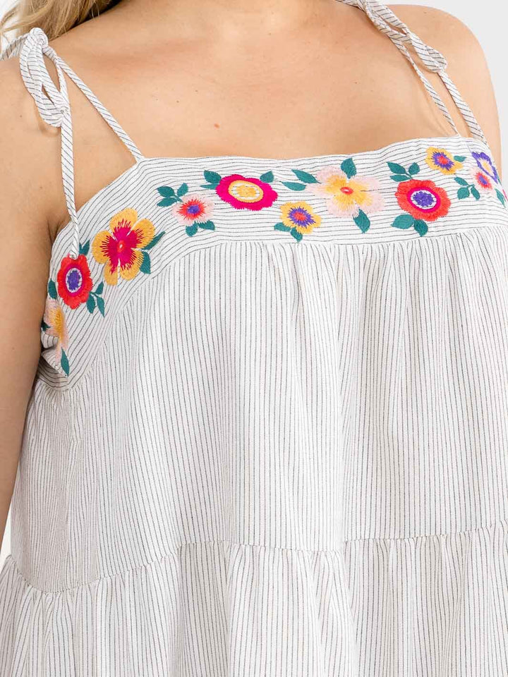 PLUS SIZE SLEEVELESS STRIPES FLORAL EMBROIDERY MINI DRESS