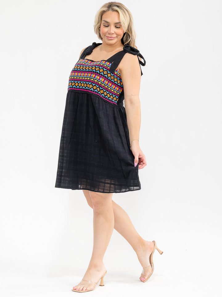 PLUS SIZE SLEEVELESS SQUARE NECK MULTI EMBROIDERY MINI DRESS