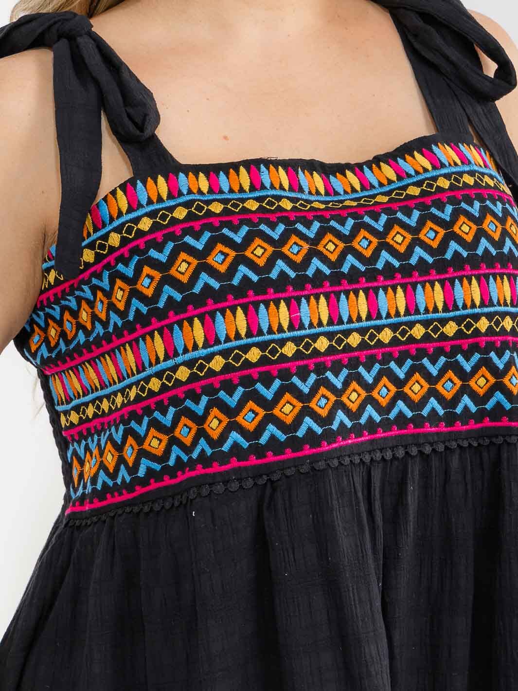 PLUS SIZE SLEEVELESS SQUARE NECK MULTI EMBROIDERY MINI DRESS