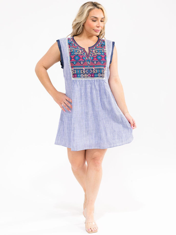 PLUS SIZE SLEEVELESS V-NECK MULTI PRINT EMBROIDERY STRIPES MINI DRESS