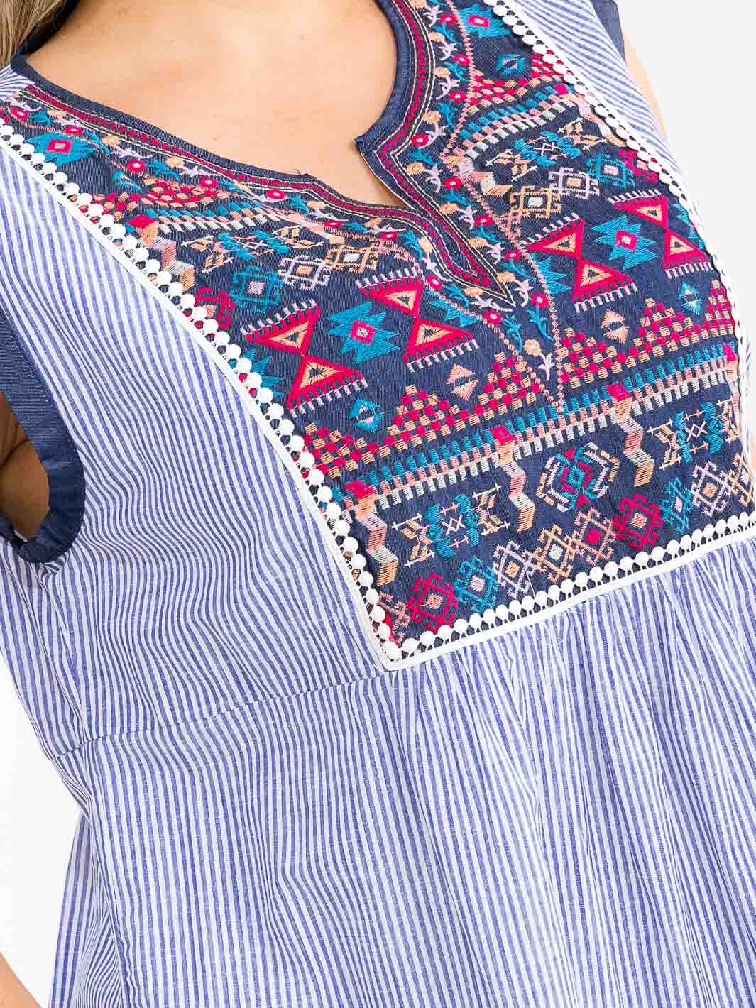 PLUS SIZE SLEEVELESS V-NECK MULTI PRINT EMBROIDERY STRIPES MINI DRESS