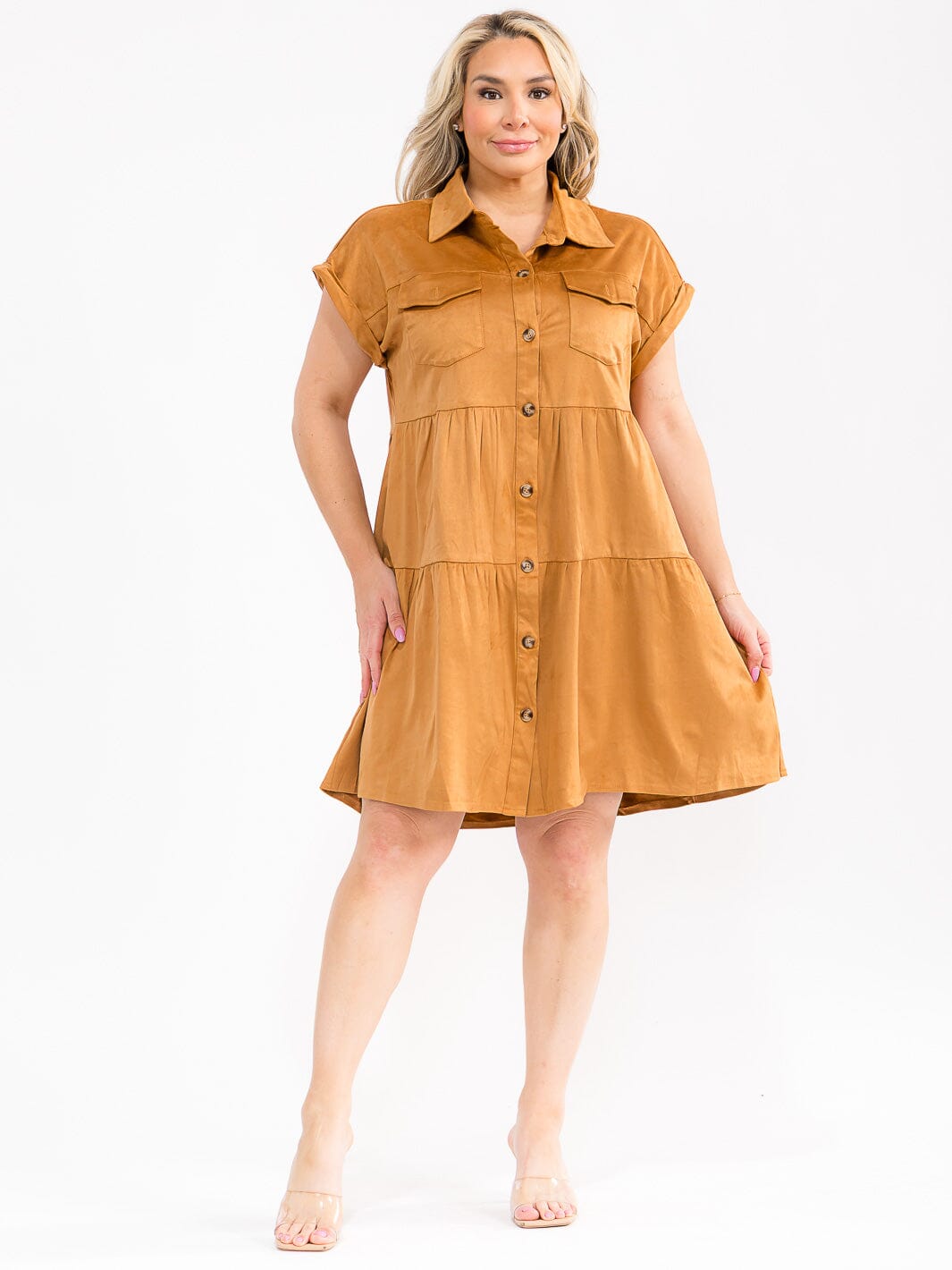 PLUS SIZE SHORT SLEEVE BUTTON UP TIERED LOOSE FIT MINI DRESS