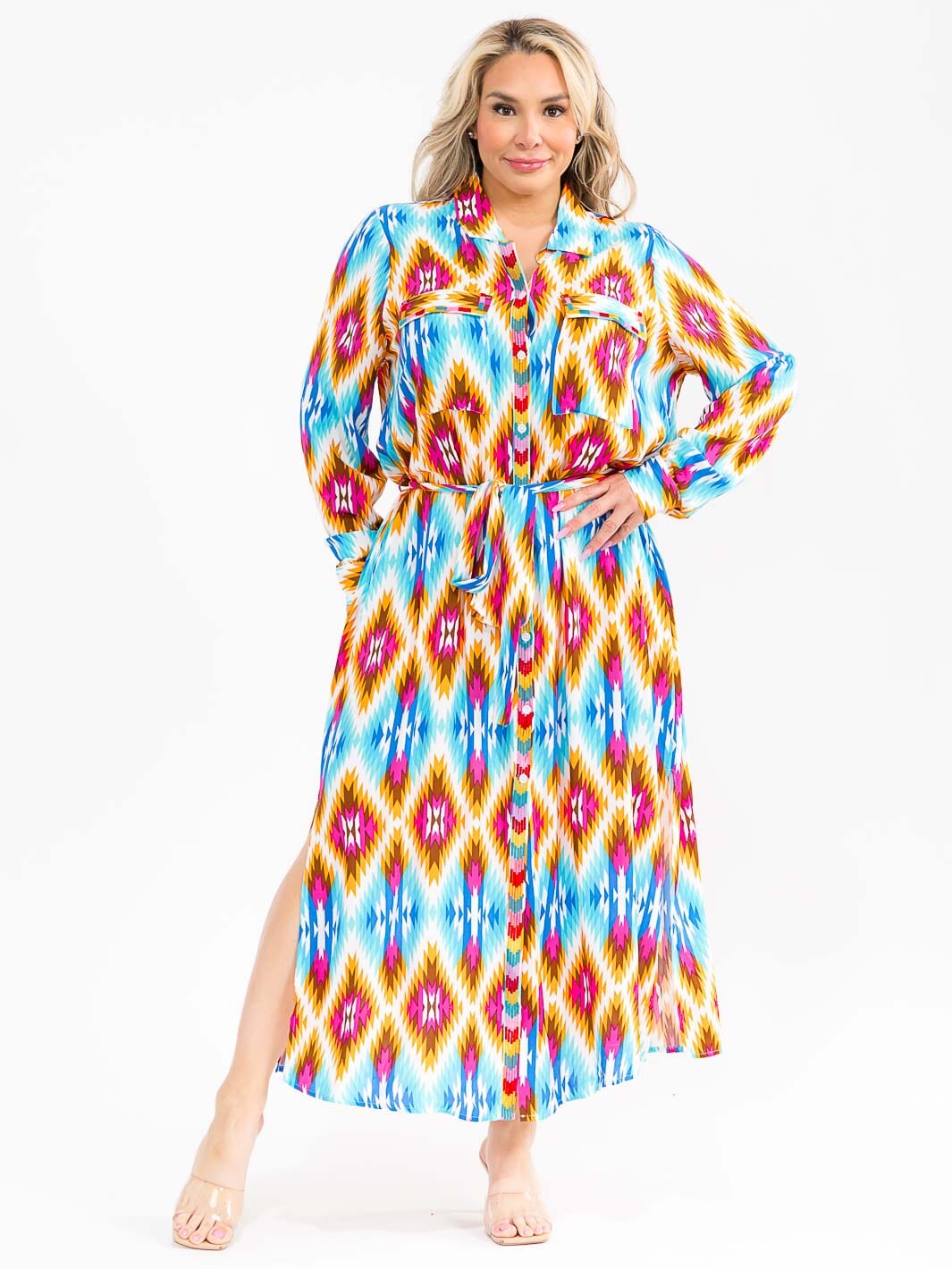 PLUS SIZE LONG SLEEVE BUTTON UP SELG TIE FRONT POCKETS MULTI PRINT MAXI DRESS