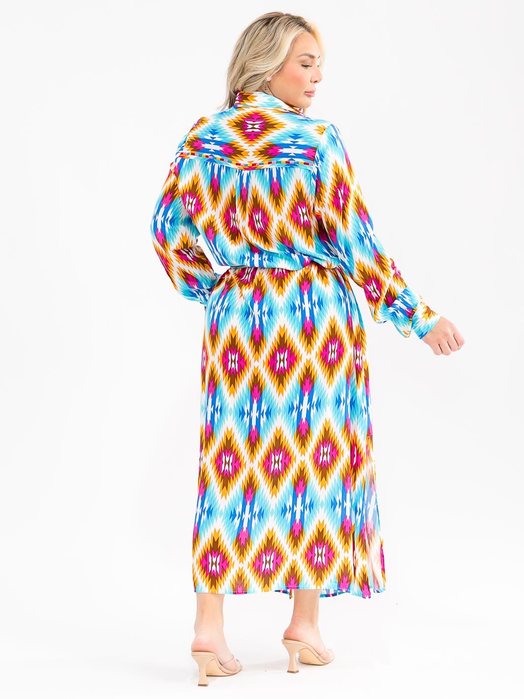 PLUS SIZE LONG SLEEVE BUTTON UP SELG TIE FRONT POCKETS MULTI PRINT MAXI DRESS