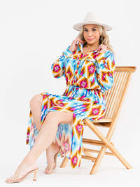 PLUS SIZE LONG SLEEVE BUTTON UP SELG TIE FRONT POCKETS MULTI PRINT MAXI DRESS