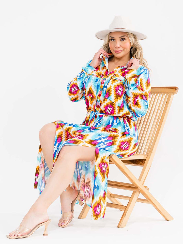 PLUS SIZE LONG SLEEVE BUTTON UP SELG TIE FRONT POCKETS MULTI PRINT MAXI DRESS