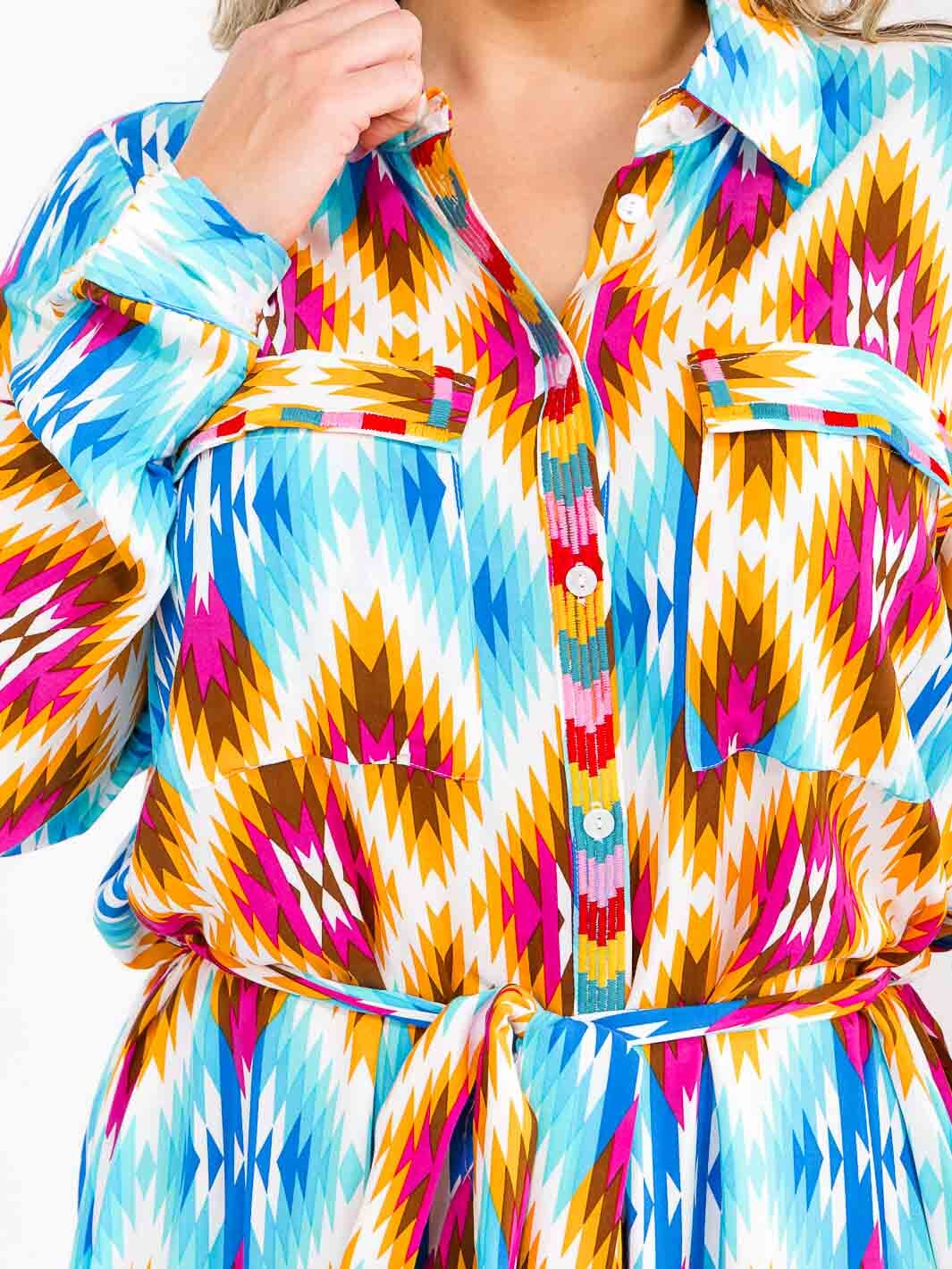 PLUS SIZE LONG SLEEVE BUTTON UP SELG TIE FRONT POCKETS MULTI PRINT MAXI DRESS