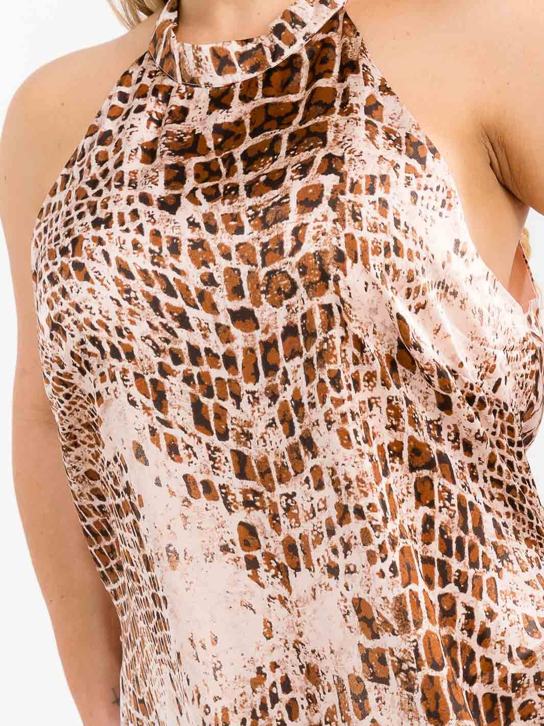 PLUS SIZE SLEEVELESS HALTER NECK HIGH-LOW ANIMAL PRINT PRINT MAXI DRESS