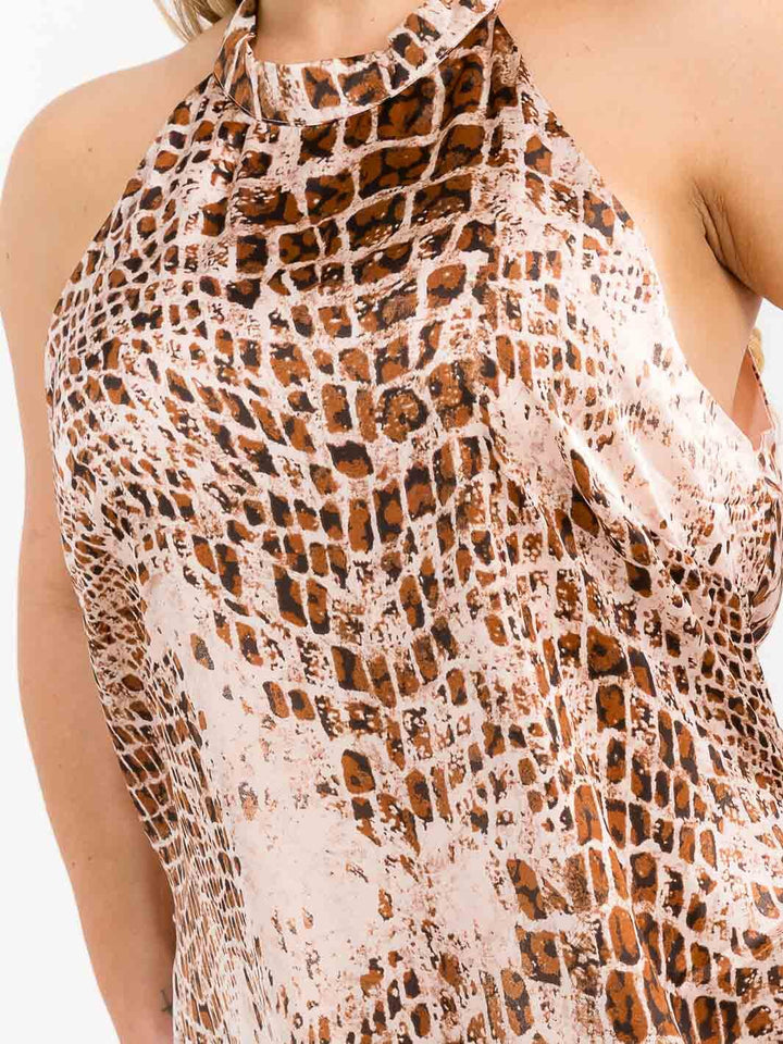 PLUS SIZE SLEEVELESS HALTER NECK HIGH-LOW ANIMAL PRINT PRINT MAXI DRESS