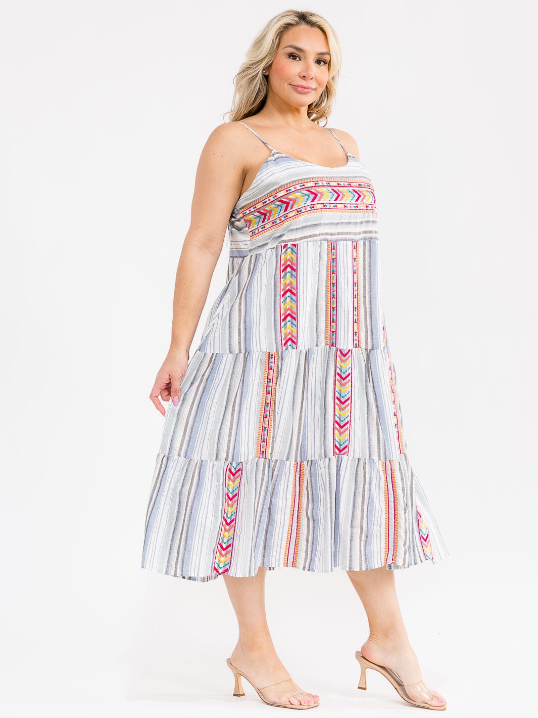 PLUS SIZE SLEEVELESS TIERED EMBROIDERY MULTI MIDI DRESS