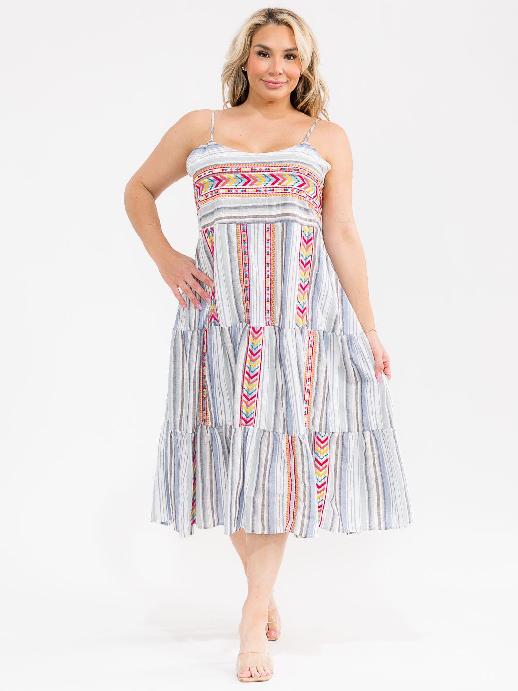 PLUS SIZE SLEEVELESS TIERED EMBROIDERY MULTI MIDI DRESS