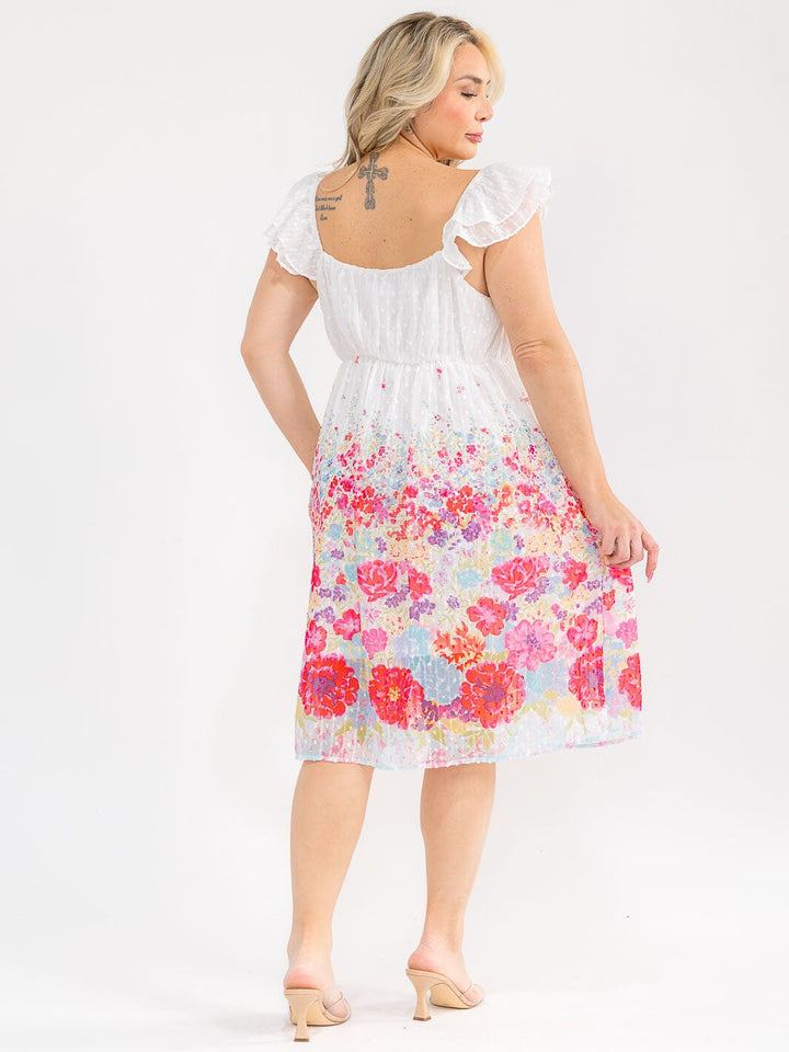 PLUS SIZE SLEEVELESS V-NECK SWISS DETAILED FLORAL MIDI DRESS