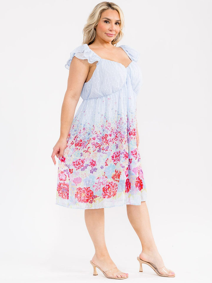 PLUS SIZE SLEEVELESS V-NECK SWISS DETAILED FLORAL MIDI DRESS
