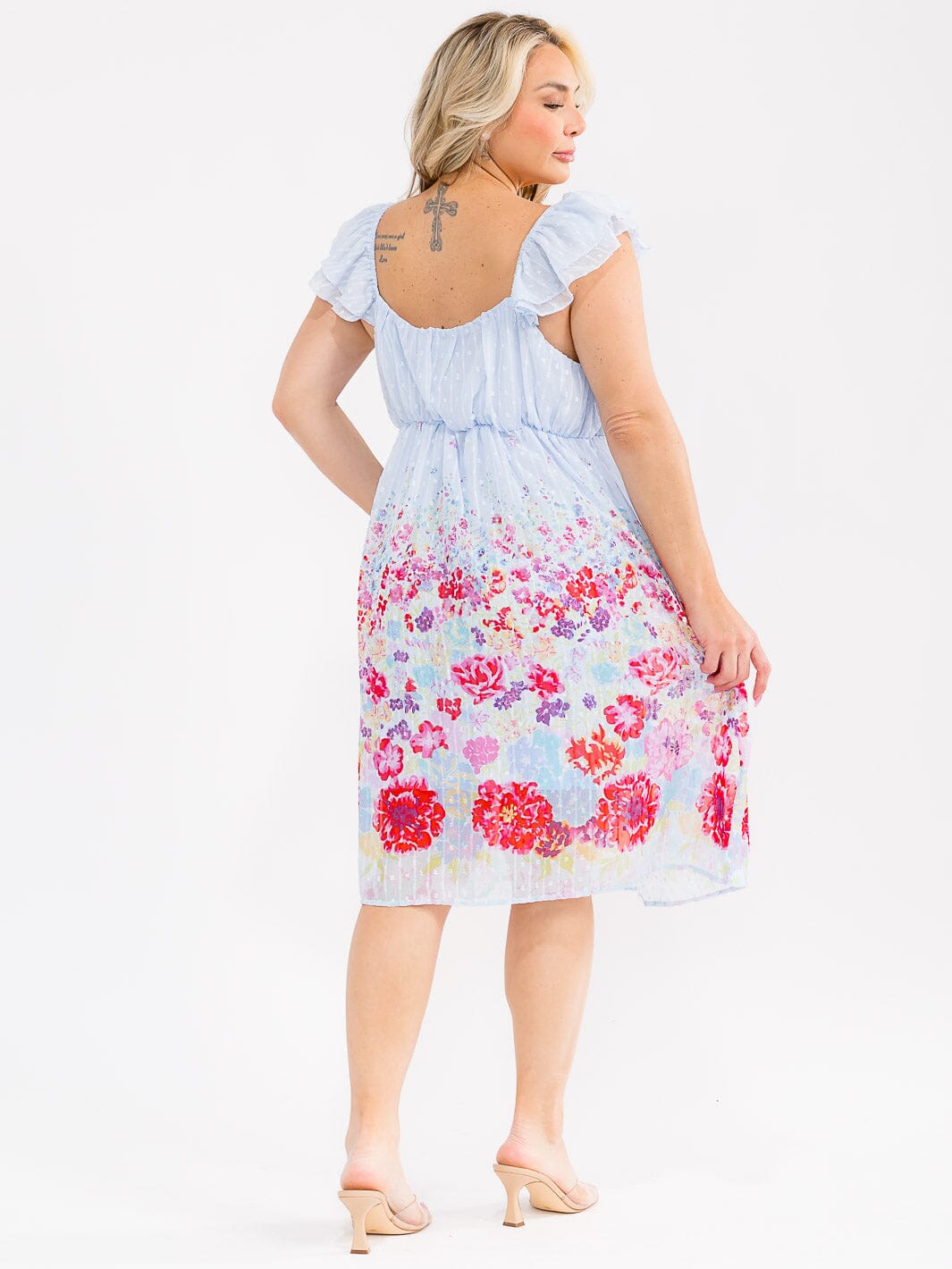 PLUS SIZE SLEEVELESS V-NECK SWISS DETAILED FLORAL MIDI DRESS