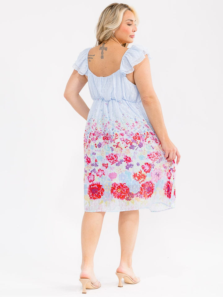 PLUS SIZE SLEEVELESS V-NECK SWISS DETAILED FLORAL MIDI DRESS