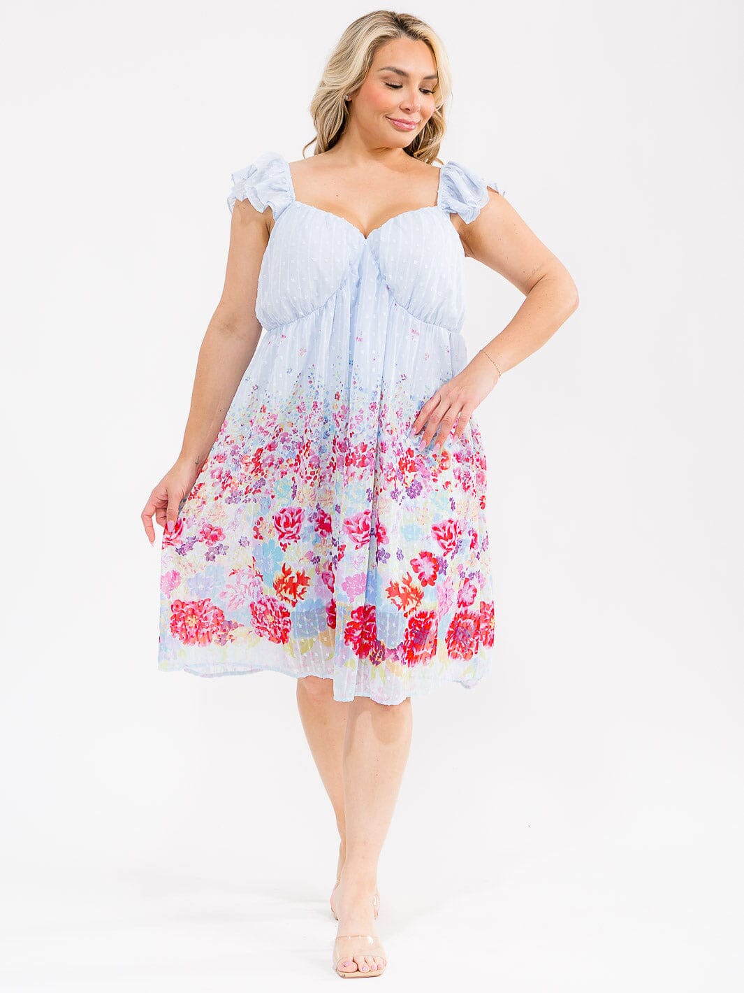 PLUS SIZE SLEEVELESS V-NECK SWISS DETAILED FLORAL MIDI DRESS