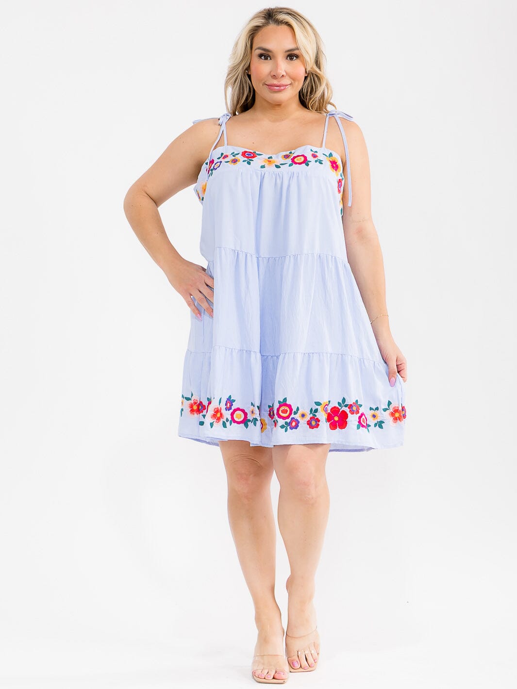 PLUS SIZE SLEEVELESS STRIPES FLORAL EMBROIDERY MINI DRESS