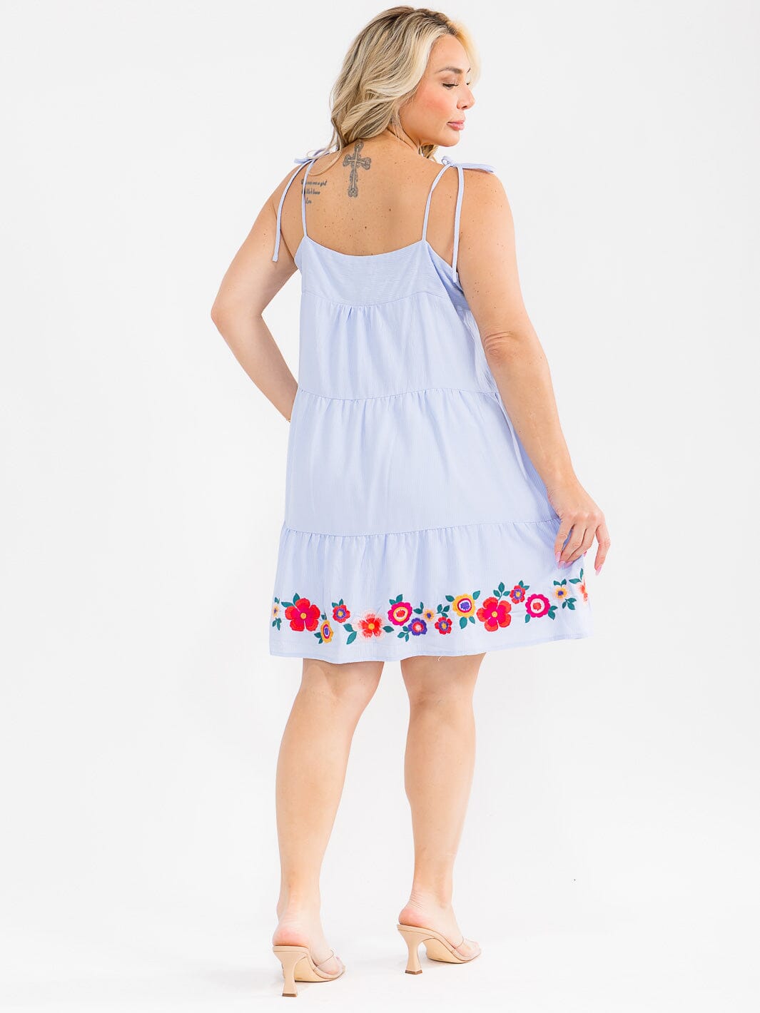 PLUS SIZE SLEEVELESS STRIPES FLORAL EMBROIDERY MINI DRESS