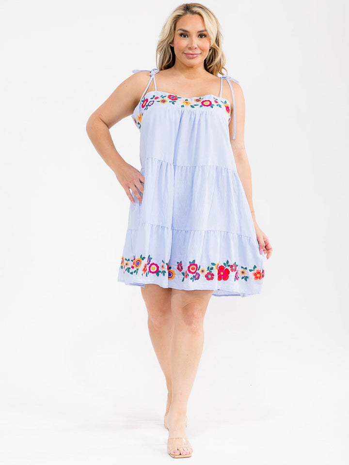 PLUS SIZE SLEEVELESS STRIPES FLORAL EMBROIDERY MINI DRESS